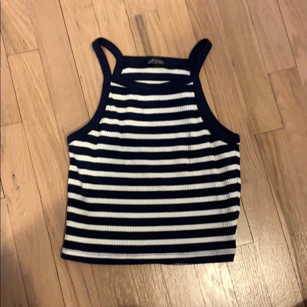 Navy blue and white striped cropped halter top